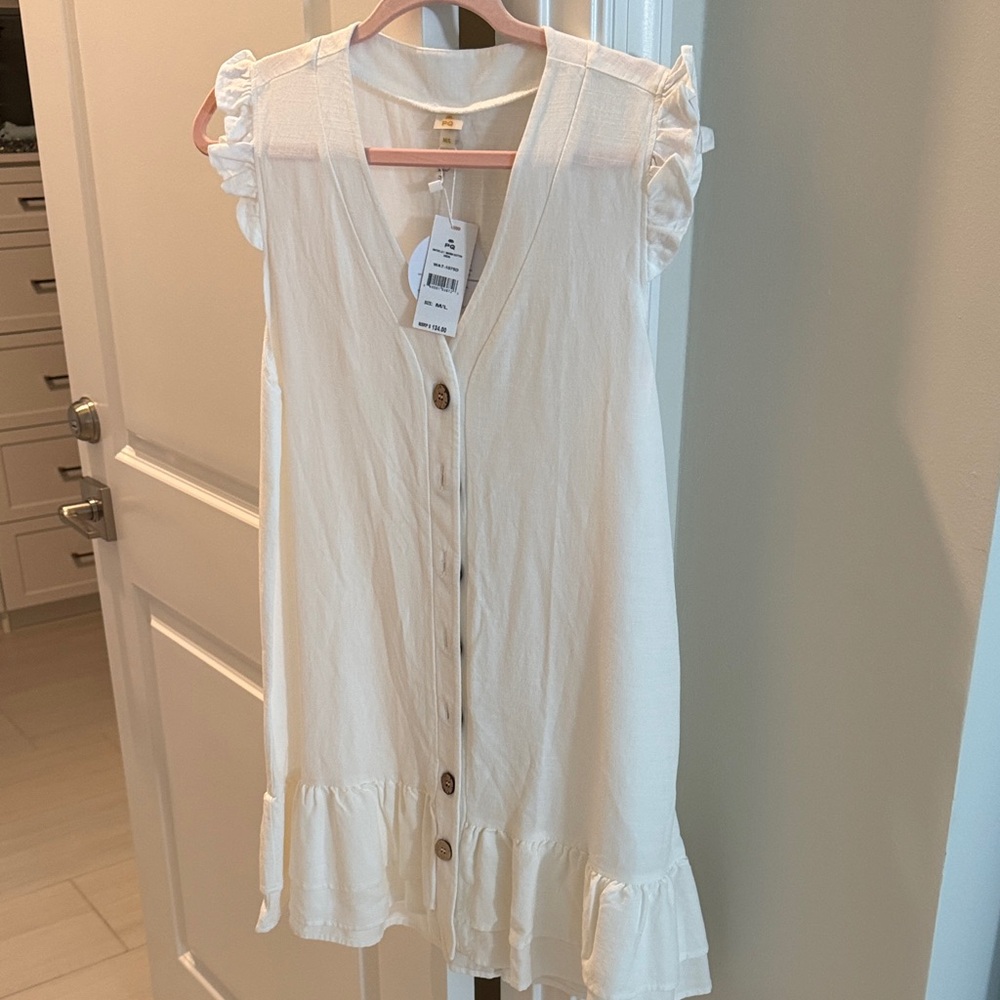 PQ Waterlily Marina 100% linen Button Dress - Cream With Sleeve & Hem Ruffles